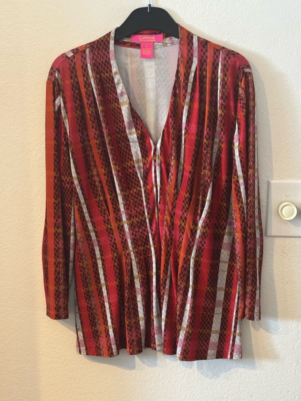 Catherine Malandrino Red Multi-Stripe V-Neck Long Sleeve Blouse